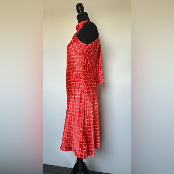 New Women’s Donna Ricco Silk Tie Neck Dress in Orange With Gold Circles Size 6P - Picture 7 of 16